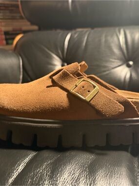 Birkenstock Women's Suede Mule in Chestnut Brown with Gold Buckle